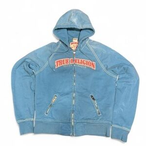 Y2K True Religion Raglan Logo Faded Blue Graphic Zip Up Hoodie Made in USA